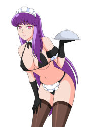  athena bangs breasts empty_eyes eyebrows_visible_through_hair female_only femsub gloves happy_trance headdress jimryu large_breasts leaning_forward lingerie long_hair looking_at_viewer maid maid_headdress navel opera_gloves pink_eyes purple_hair saint_seiya saori_kido simple_background smile solo straight-cut_bangs thighhighs tray white_background 