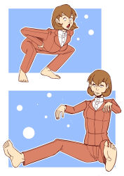 barefoot black_eyes border brown_hair chicken_pose clothed dazed efalabrino feet female_only femsub open_mouth pants persona_(series) persona_3 pet_play shirt short_hair shrunken_irises simple_background sitting solo spread_legs suit t-shirt yukari_takeba