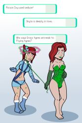  bare_legs bare_shoulders barefoot dc_comics female_only femdom femsub green_lipstick heart_eyes isankura leash lip_biting lipstick_mark multiple_girls nintendo pheromones poison_ivy pokemon red_hair skyla super_hero 