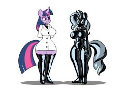  black_hair bodysuit breasts drone equestria_girls female_only femdom femsub goggles horns horse horse_girl large_breasts latex long_hair milkandjuice multicolored_hair my_little_pony purple_hair standing standing_at_attention straight-cut_bangs sunset_shimmer twilight_sparkle unicorn 