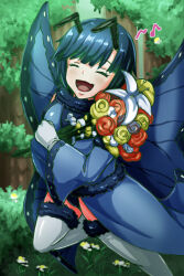  antenna_(biology) blue_hair bug_girl closed_eyes clothed dress female_only flower kuroyoroi original outdoors singing smile solo thighhighs wings 