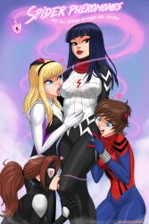  anya_corazon breasts female_only femdom femsub flick-the-thief gwen_stacy heart heart_eyes licking marvel_comics may_mayday_parker multiple_girls multiple_subs pheromones silk_(marvel) spider-girl spider-gwen super_hero symbol_in_eyes text western yuri 