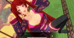 3d blush breasts dialogue dog_pose female_only femsub happy_trance japanese_clothing kamen_writer_mc kimono large_breasts lipstick long_hair mc_trap_town pet_play red_eyes red_hair red_lipstick rina_(mc_trap_town) screenshot solo spiral_eyes symbol_in_eyes text translated twintails
