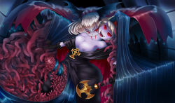 biting blood breasts cape cleavage corruption cum discolored_nipples drool fangs femdom futanari futasub glowing glowing_eyes large_breasts open_mouth original penis purple_skin red_eyes short_hair silk slit_pupils tentacles tongue tongue_out vampire white_hair