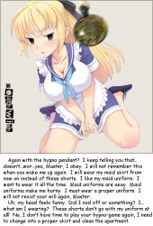 apron blonde_hair breasts caption deathwish_(manipper) denial dialogue empty_eyes female_only femsub instant_loss kneeling large_breasts maid manip memory_lapse pendulum pocket_watch resisting text