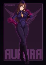  aurora_(cosmicaurora) boots brown_hair green_eyes heterochromia leotard original purple_eyes shadaloo_dolls street_fighter tie victoriamikoto 