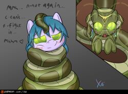  animals_only berry_twist_(xaigatomon) blue_hair coils earrings femdom femsub glowing glowing_eyes happy_trance horse hypnotic_eyes jewelry monster_girl my_little_pony naga_girl original resisting snake snake_girl text tongue tongue_out xaigatomon 