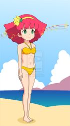 barefoot beach bikini empty_eyes expressionless female_only femsub green_eyes headband hypnotic_audio hypnotic_music jimryu magical_princess_minky_momo minky_momo music pink_hair red_hair solo standing standing_at_attention swimsuit