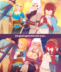 3d blonde_hair blush breasts breath_of_the_wild corruption elf elf_ears enemy_conversion femsub fish_girl furry glowing glowing_eyes green_eyes happy_trance large_breasts leggings link mipha moon_trigger multiple_girls multiple_subs nintendo nipples open_clothes open_mouth orange_eyes paya princess princess_zelda red_eyes red_hair smile text the_legend_of_zelda topless white_hair witchanon zora 