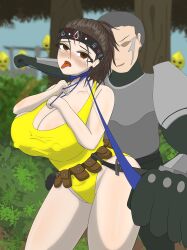 armor breasts choking chouriki_sentai_ohranger corruption erect_nipples erect_nipples_under_clothes headband huge_breasts oh_yellow one-piece_swimsuit outdoors super_sentai swimsuit weapon