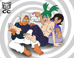 barefoot black_hair blush breasts cera_trandon cheshirecaterling coin dark_skin feet female_only femdom femsub green_hair happy_trance large_breasts long_hair multiple_girls open_mouth original pendulum silver_hair spiral spiral_eyes symbol_in_eyes tickling topless twintails
