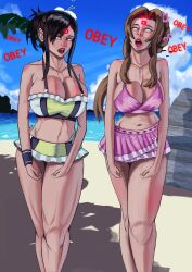  absurdres aerith_gainsborough bare_legs beach bikini_top black_hair bracelet brown_hair cleavage collarbone earrings female_only femsub final_fantasy_vii flower flower_in_hair foolycooly glowing hair_ornament huge_breasts large_breasts lipstick long_hair microchip midriff miniskirt multiple_girls multiple_subs open_mouth outdoors pink_lipstick red_lipstick single_hair_bun skirt swimsuit tech_control text thighs tifa_lockhart whitewash_eyes 