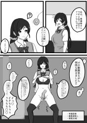  absurdres altered_common_sense ass black_hair breasts cleavage comic fingering greyscale huge_breasts long_hair love_live! love_live!_school_idol_project navel nozomi_toujou open_mouth pendulum phantom_hand rokoko shirt_lift text thighhighs translation_request twintails 