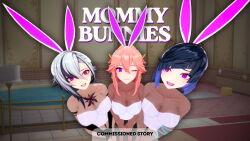  animal_ears anoni_hypno arlecchino_(genshin_impact) blue_hair bunny_ears bunny_girl bunnysuit clothed cover english_text fake_animal_ears female_only femsub genshin_impact long_hair multiple_girls multiple_subs one_eye_open pink_hair purple_eyes short_hair text white_hair wink yae_miko yelan_(genshin_impact) 
