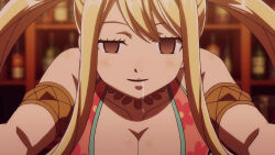 blonde_hair blush breasts brown_eyes cleavage dancer dazed drool empty_eyes fairy_tail femsub happy_trance harem_outfit hypnoner_(manipper) ivatent_(manipper) large_breasts long_hair lucy_heartfilia open_mouth smile