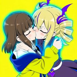 ai_art arisa_kinosaki aura blonde_hair blue_eyes brown_eyes brown_hair digimon digimon_liberator dress drill_hair ghost ghostmon glowing_eyes green_eyes hellsing002_(generator) jacket kissing possession simple_background smirk stitches sweat twintails violet_inboots yellow_background