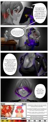 absurdres alternate_costume angel angel_girl aura book chair choker comic corruption crossed_legs dahypnoman_(dahypnoman) dialogue english_text evil_smile eye_color_change femsub genderswap glowing_eyes green_eyes grey_hair grey_skin hair_covering_one_eye happy_trance jacket looking_at_viewer multicolored_hair naomi_(penken) orange_eyes original purple_eyes purple_hair red_eyes serena_(goldnightangel) shirt short_hair sitting sixmi34 smile smoke text wings