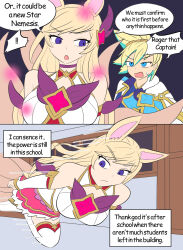 ahri_(league_of_legends) alternate_costume alternate_hair_color bare_shoulders blonde_hair blue_eyes breasts crystal dialogue english_text ezreal_(league_of_legends) floating fox_ears kitsune_girl league_of_legends long_hair magical_girl open_mouth purple_eyes short_hair speech_bubble sweat tail text thighhighs thighs vel