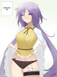 before_and_after benben_tsukumo breasts clothed condom dress dress_lift english_text eroborne female_only femsub flower_in_hair panties purple_eyes purple_hair pussy_juice signature smile spiral_eyes text tongue tongue_out touhou very_long_hair vibrator