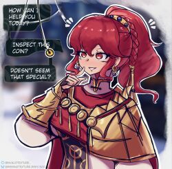  anna_(fire_emblem) bangs blush bracers braid cape clothed coin earrings female_only femsub finger_to_mouth fire_emblem fire_emblem_fortunes_weave gold jewelry long_hair nintendo pendulum ponytail red_eyes red_hair sequence smile solo suit text transparenttexture 