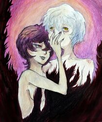 black_hair breasts dress expressionless femdom juluie lipstick malesub mytho_(princess_tutu) princess_kraehe princess_tutu smile traditional wall_eyed white_hair