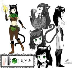 absurdres armor bare_legs black_hair bottomless breasts cat_ears cat_girl cat_tail collar drinking empty_eyes green_eyes kya_(nazwa) large_breasts nude pale_skin pencils reference_sheet smile tail text topless