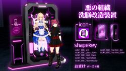  3d ahoge arm_warmers bare_shoulders blonde_hair boots bow corset custom_maid_3d_2 dress female_only femdom femsub glowing_eyes horns japanese_text jewelry long_hair looking_at_viewer monitor multiple_girls original pink_eyes purple_eyes red_hair restrained sasaduka_0322 skirt small_breasts smile socks tech_control text thighhighs tie twintails underboob 