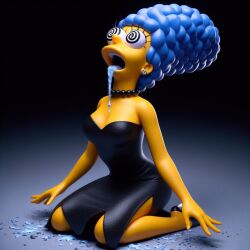  3d ai_art blue_hair collar drool femsub kneeling marge_simpson open_mouth solo spiral_eyes the_simpsons yellow_skin 