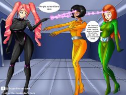  alex attentte bodysuit female_only femdom femsub high_heels latex legs mesmistress_(ming) multiple_subs pink_hair sam super_hero text totally_spies twintails 