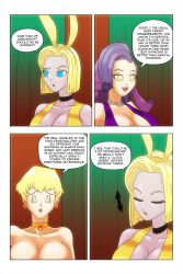  android_18 bare_shoulders blonde_hair bunnysuit choker cleavage comic dragon_ball dragon_ball_z earrings equestria_girls erasa femsub happy_trance large_breasts long_hair my_little_pony necklace purple_hair rarity short_hair smile symbol_in_eyes text wadevezecha 