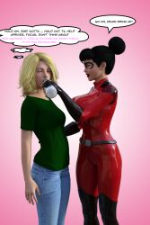 3d black_hair blonde_hair contessa_(galecrowley) dialogue female_only femdom femsub happy_trance hypnotic_drink mask text theheckle