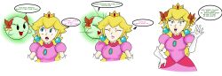 before_and_after blonde_hair blue_eyes boo comic crown dress earrings female_only femdom femsub ghost gloves jewelry lady_bow multiple_girls nintendo possession princess princess_peach super_mario_bros. text