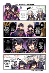  aura bangs black_hair blue_hair cape chrom_(fire_emblem_awakening) clothed comic corruption dialogue evil_smile femsub fire_emblem fire_emblem_awakening fire_emblem_heroes gloves hug humor laughing malesub morgan_(fire_emblem) multiple_boys multiple_girls multiple_subs nintendo red_eyes robin_(fire_emblem_awakening) short_hair simple_background speech_bubble text twintails white_background white_hair 