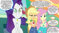 anonymind_(manipper) applejack aware bottomless breasts comic cowgirl equestria_girls exhibitionism female_only femsub fluttershy happy_trance hat hypnotic_accessory kaa_eyes large_breasts magic manip my_little_pony nude rarity slayerbvc_(manipper) text topless
