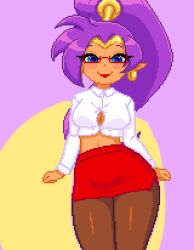 animated animated_gif blue_eyes crop_top dancing dark_skin fabius femdom hypnotic_dance long_hair looking_at_viewer pixel_art pov_sub purple_hair shantae shirt simple_background skirt