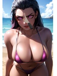  ai_art beach bikini crossed_eyes femsub large_breasts manip phantom_hand purple_eyes purple_hair random_static_(manipper) reyna_(valorant) sage_(valorant) valorant 