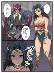  absurdres bare_shoulders black_hair blue_eyes boots bracers breasts choker cleavage collarbone comic corset dc_comics defeated dialogue empty_eyes eye_mask femsub hypnotic_accessory ill_188 maledom original red_hair skirt speech_bubble thighs wings wonder_woman 