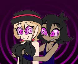 aged_up ahoge ash_ketchum bare_shoulders black_hair brown_hair collarbone consensual dark_skin earrings eyebrows_visible_through_hair femsub fingerless_gloves gradient_background groping happy_trance hat hypnoscream kaa_eyes large_breasts love nintendo pink_background pink_eyes pokemon pokemon_(anime) pokemon_x_and_y ring_background serena shiny_hair smile tank_top