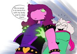 belt bracelet breast_grab breasts closed_eyes clothed dazed deltarune expressionless femsub furry geilsun_(manipper) glasses glowing glowing_eyes goat_boy green_eyes groping heart horns jacket jewelry lizard_girl long_hair magic maledom manip muscle_girl open_mouth pink_skin purple_hair ralsei scarf shrunken_irises simple_background smile susie_(deltarune) text the-minuscule-task white_hair