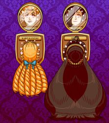  absurdres blonde_hair bow brown_hair capcom crossover curly_hair display english_text eye_color_change female_only femsub fire_emblem fire_emblem_mystery_of_the_emblem hair_ornament happy_trance human_furniture karin_kanzuki lipstick long_hair maggotmike mirror nintendo red_eyes ring_eyes sheena_(fire_emblem) signature sparkle street_fighter text very_long_hair 
