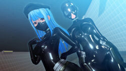  3d blue_eyes bodysuit breasts collar custom_maid_3d_2 drone empty_eyes expressionless face_mask female_only femsub happy_trance hat large_breasts latex long_hair looking_at_viewer mask multiple_girls multiple_subs nyorohsb original red_eyes rubber standing standing_at_attention straight-cut_bangs tech_control tight_clothing 