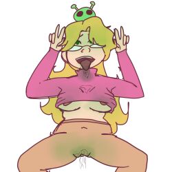  ahegao alien androgynous_dom blonde_hair body_control cum_on_clothes dazed drool eye_roll female_only femsub glasses green_eyes happy_trance hypnoposting nipples parasite squatting sweater thighhighs underboob undressing wet 