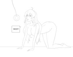 absurdres all_fours bottomless breasts coin cow_girl female_only femsub greyscale long_hair neo-izayoi nude pendulum pet_play rwby sketch solo text topless yang_xiao_long