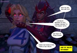 3d betrayal blonde_hair brown_hair chin_hold dazed dialogue femdom femsub glowing_eyes hypnolordx long_hair magic marvel_comics marvel_rivals milf multiple_girls open_mouth red_eyes source_filmmaker speech_bubble super_hero susan_storm text wanda_maximoff