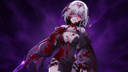 beta_(the_eminence_in_shadow) black_sclera blood breasts collarbone corruption dress eye_color_change femsub game_cg large_breasts looking_at_viewer official red_eyes short_hair smile tears the_eminence_in_shadow white_hair