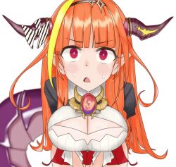 ahoge blush breasts cleavage coco_kiryuu confused darksteno dragon hair_ornament hairband hololive horns jewelry kneeling large_breasts open_mouth orange_hair red_eyes short_skirt source_request spiral_eyes sweat symbol_in_eyes tail very_long_hair virtual_youtuber