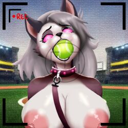 animal_ears balls black_hair breasts camera collar complex_background dog_ears dog_girl furry glowing_eyes helluva_boss huge_breasts huge_nipples large_breasts leash looking_at_viewer loona_(helluva_boss) melonmiloc nipples open_mouth pet_play pink_eyes pov pov_dom spiral_eyes white_hair