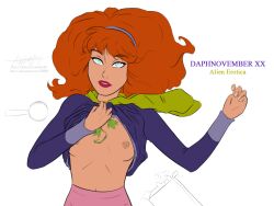 awmbh blue_eyes breasts daphne_blake dazed erect_nipples female_only femsub happy_trance open_mouth orange_hair plant red_hair scooby-doo_(series) shirt_lift solo text undressing