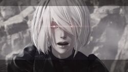  corruption female_only femsub glowing_eyes looking_at_viewer mole nier_automata official outdoors red_eyes screenshot short_hair solo spoilers square_enix unhappy_trance white_hair yorha_no._2_type_b 