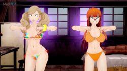  3d ann_takamaki bikini blonde_hair bouncing_breasts chicken_pose english_text female_only femsub futaba_sakura glasses happy_trance koikatsu! lunastra mochi_dance orange_hair persona_(series) persona_5 purple_eyes text video 